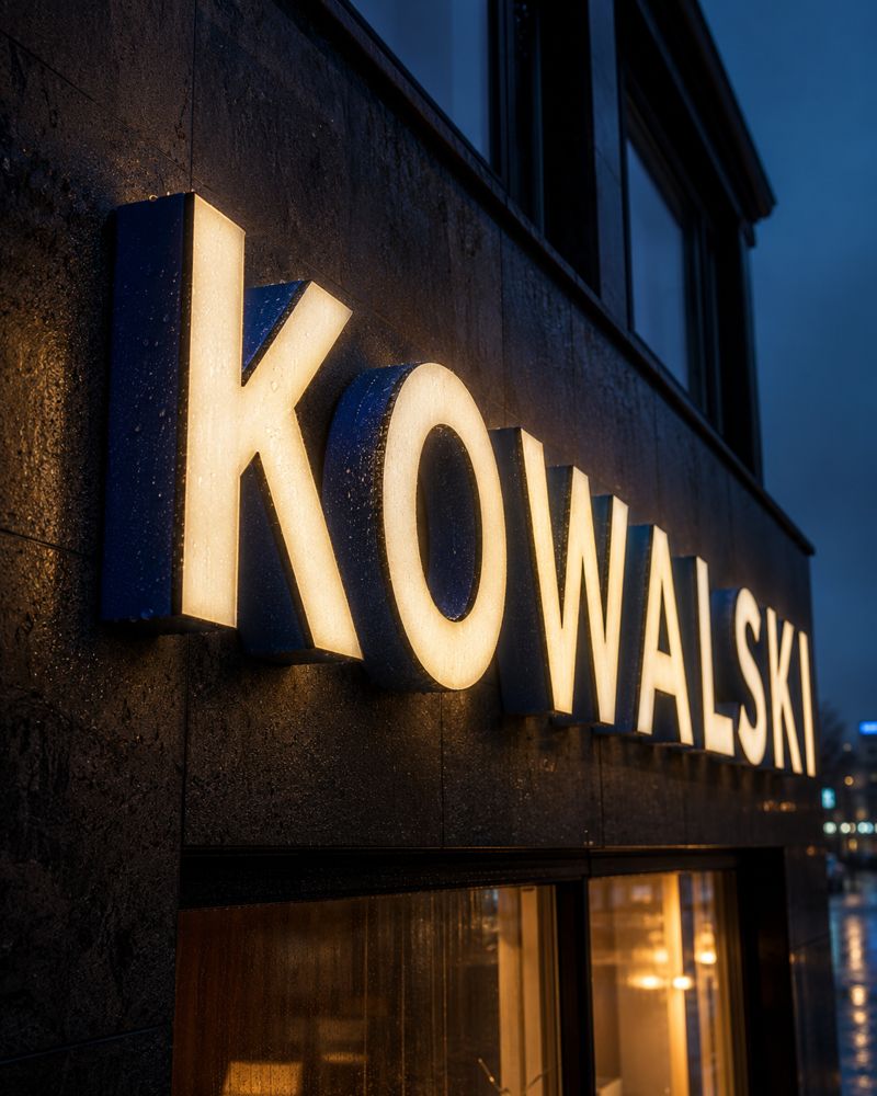 Leuchtende 3D-Buchstaben an einer Fassade bei Nacht